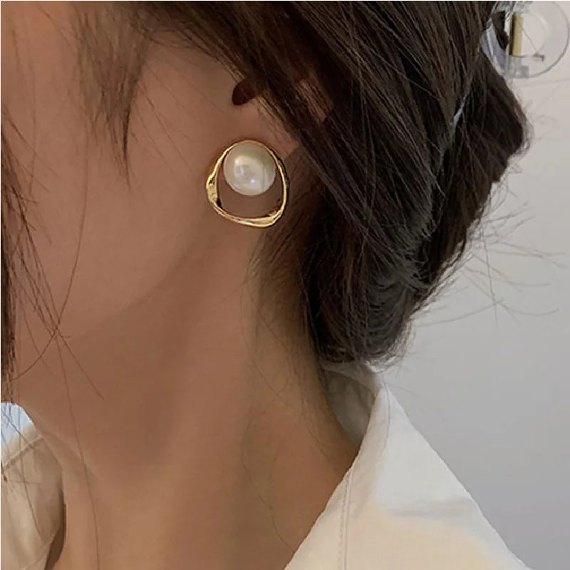 Gold Round Pearl Stud Earrings – Irregular Design Fashion Jewelry