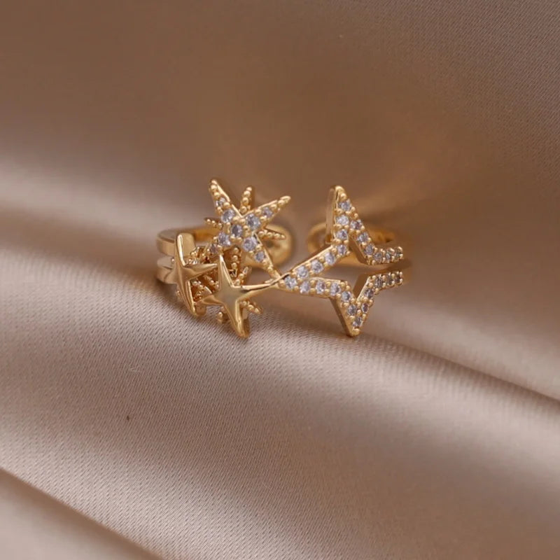 14K Gold Plated Double Love Crystal Ring – Elegant Korean Fashion Jewelry