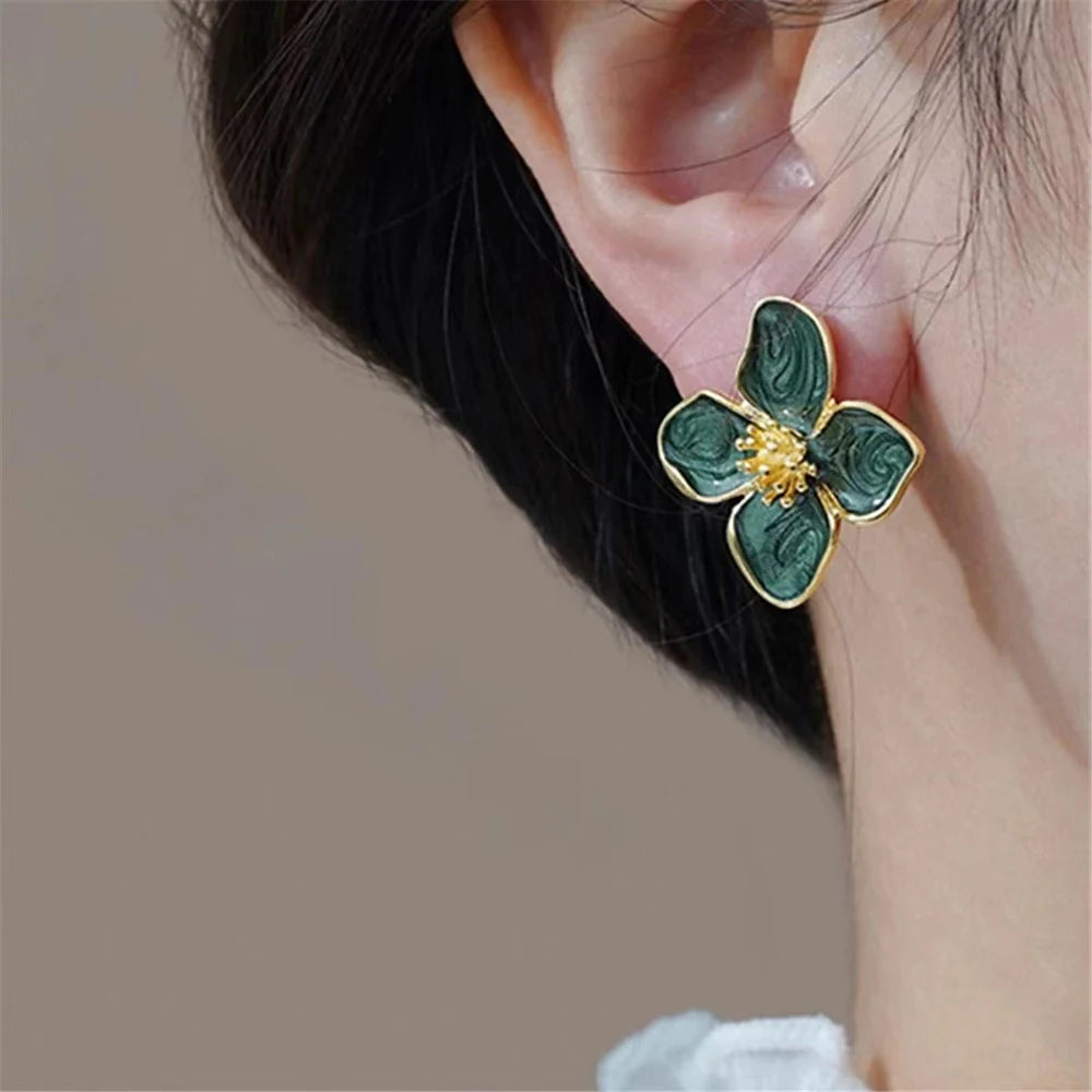 Hibiscus Glaze Flower Stud Earrings – Romantic Korean Wedding Jewelry