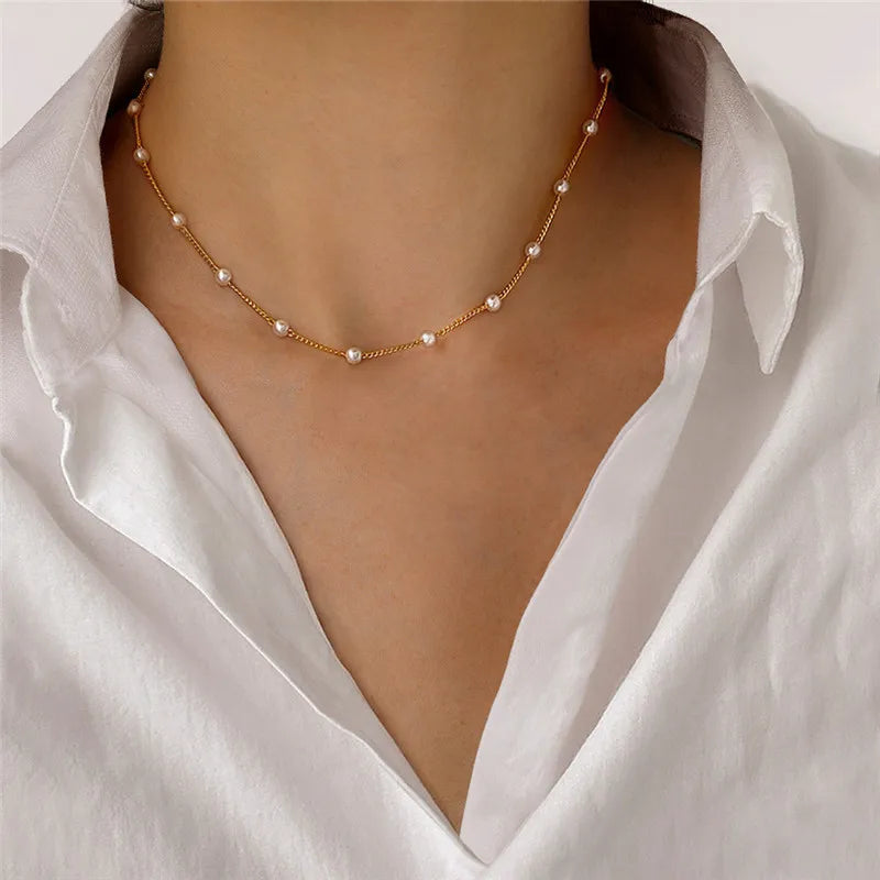 LATS Kpop Pearl Choker Necklace - Gold Gothic Pendant Jewelry for Women & Girls