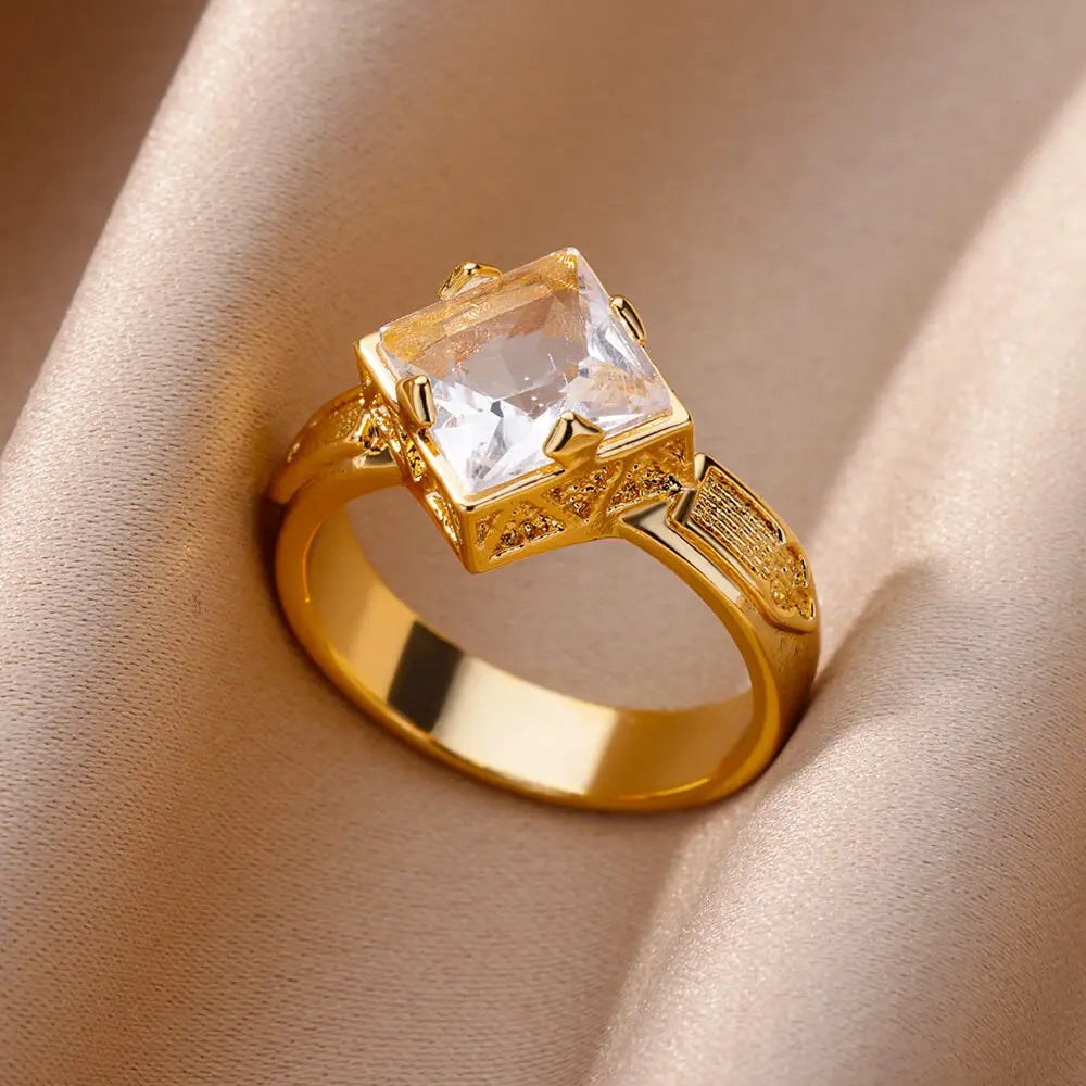 Luxury Gold Color Stainless Steel Zircon Ring – Adjustable Wholesale Jewelry for Women