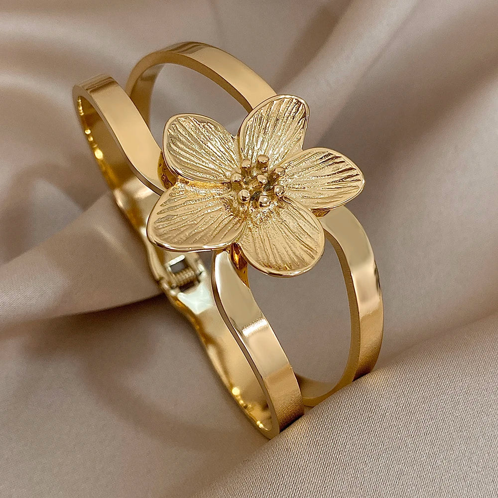 Greatera Chunky Gold-Plated Flower Cuff Bracelet - Waterproof Jewelry for Women