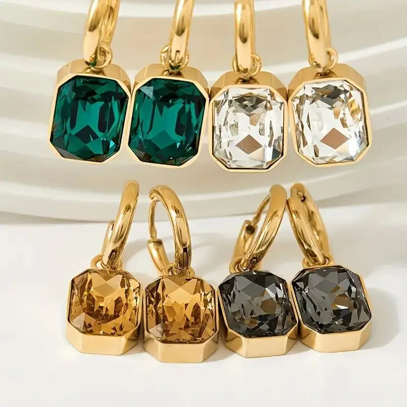 Gold Square Zirconia Earrings – Trendy Stainless Steel Crystal Jewelry