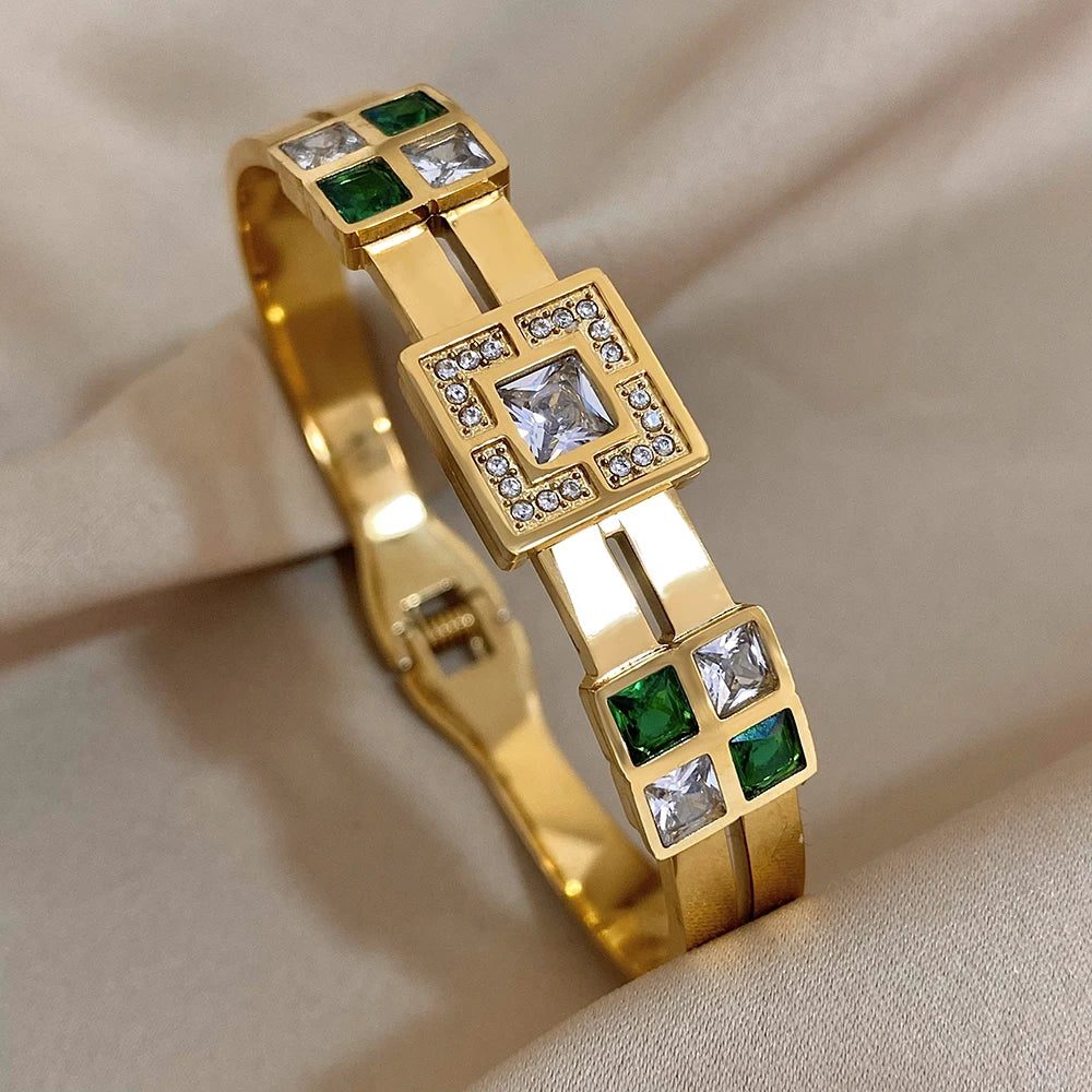 Luxury Emerald Green & White Zircon Stainless Steel Bangle - Waterproof Cuff Bracelet