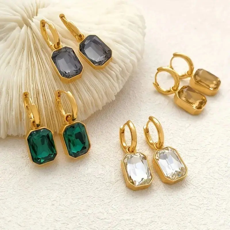 Gold Square Zirconia Earrings – Trendy Stainless Steel Crystal Jewelry