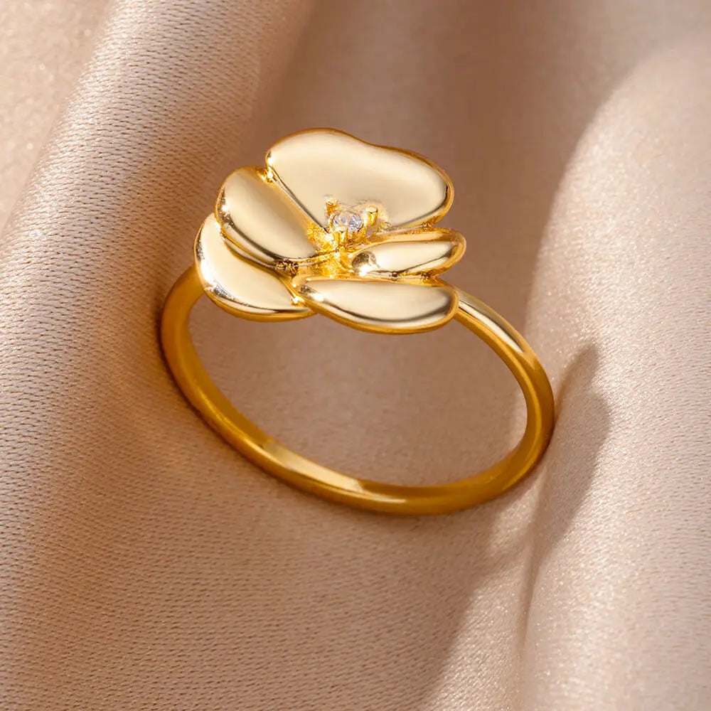 Luxury Gold Color Stainless Steel Zircon Ring – Adjustable Wholesale Jewelry for Women