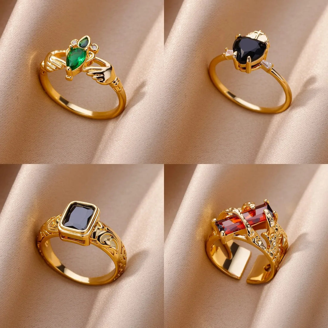 Luxury Gold Color Stainless Steel Zircon Ring – Adjustable Wholesale Jewelry for Women