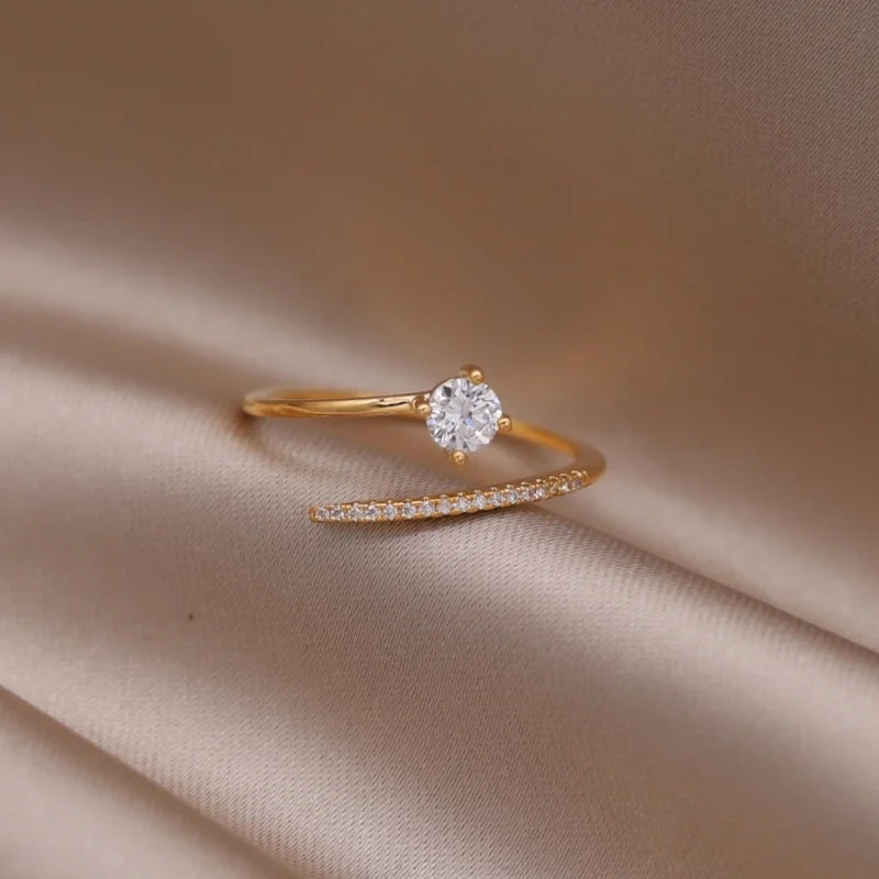 14K Gold Plated Double Love Crystal Ring – Elegant Korean Fashion Jewelry