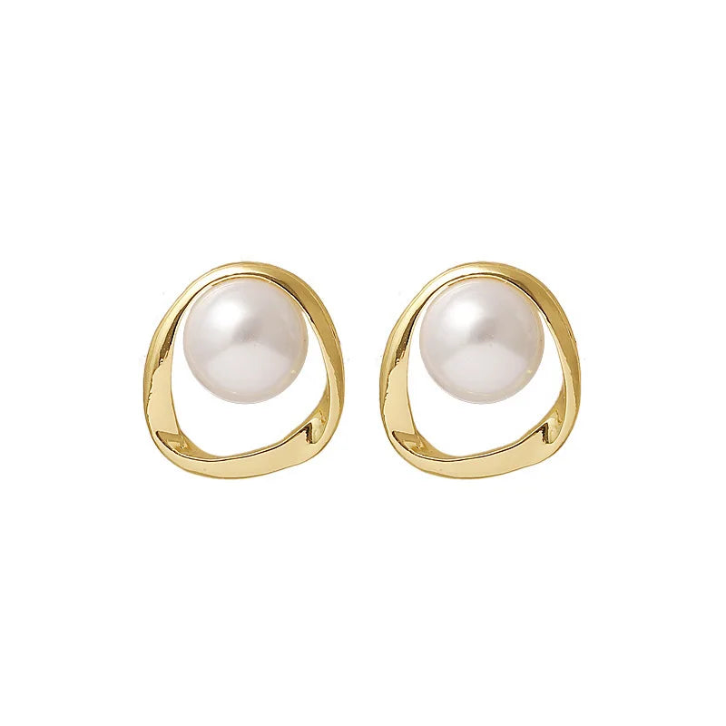 Gold Round Pearl Stud Earrings – Irregular Design Fashion Jewelry