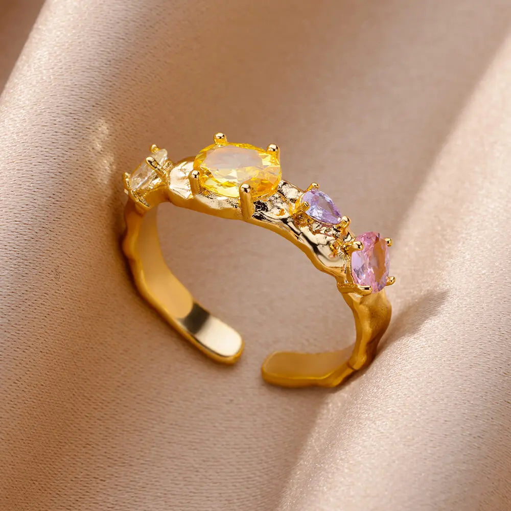 Luxury Gold Color Stainless Steel Zircon Ring – Adjustable Wholesale Jewelry for Women