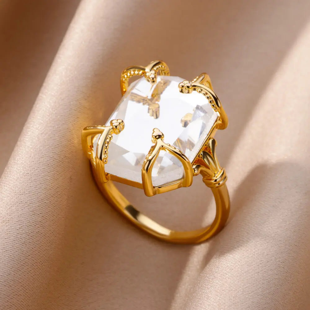 Luxury Gold Color Stainless Steel Zircon Ring – Adjustable Wholesale Jewelry for Women