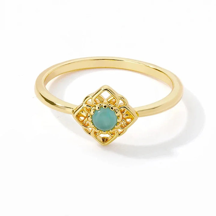 Gold Stainless Steel Lotus Flower Ring – Vintage Opal Natural Stone Jewelry for Women