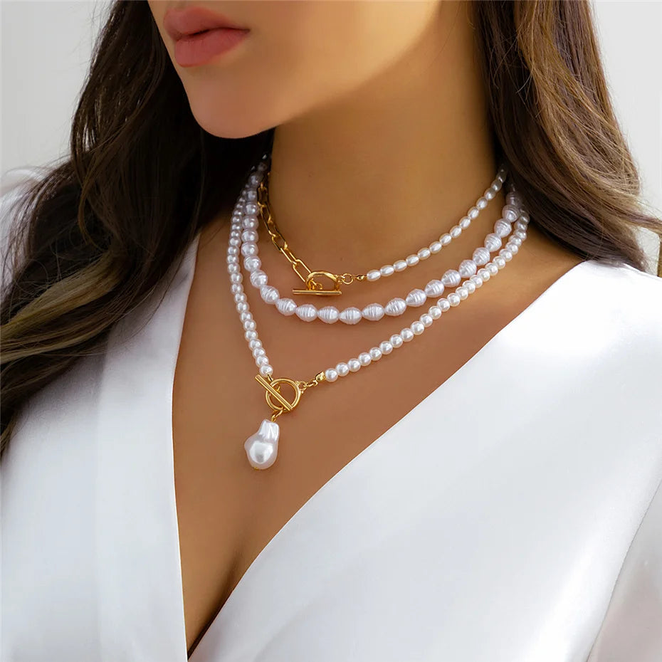 Ingemark Multilayer Imitation Pearl Necklace – OT Buckle Pendant Y2K Jewelry for Women