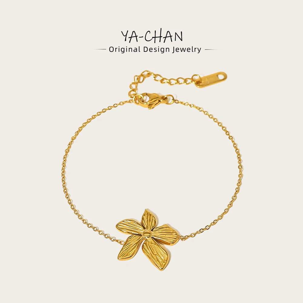 YACHAN Stainless Steel Flower Charm Bracelet - 18K Gold Plated Waterproof Jewelry