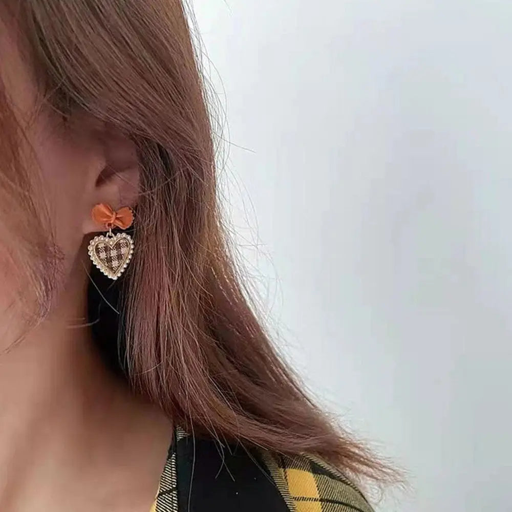 Golden Bowknot Heart Resin Earrings – Korean Valentine's Day Jewelry Gift