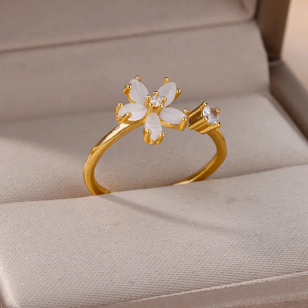 Exquisite Gold Color Cubic Zircon Flower Rings – Adjustable Stainless Steel Wedding Jewelry for Couples