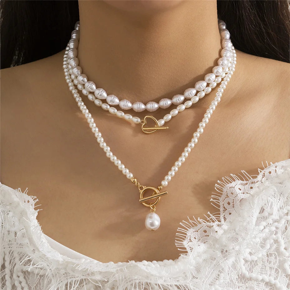 Ingemark Multilayer Imitation Pearl Necklace – OT Buckle Pendant Y2K Jewelry for Women