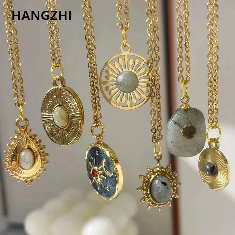 HangZhi Gray Enamel Star & Sun Pendant Necklace - Stainless Steel Clavicle Chain Jewelry