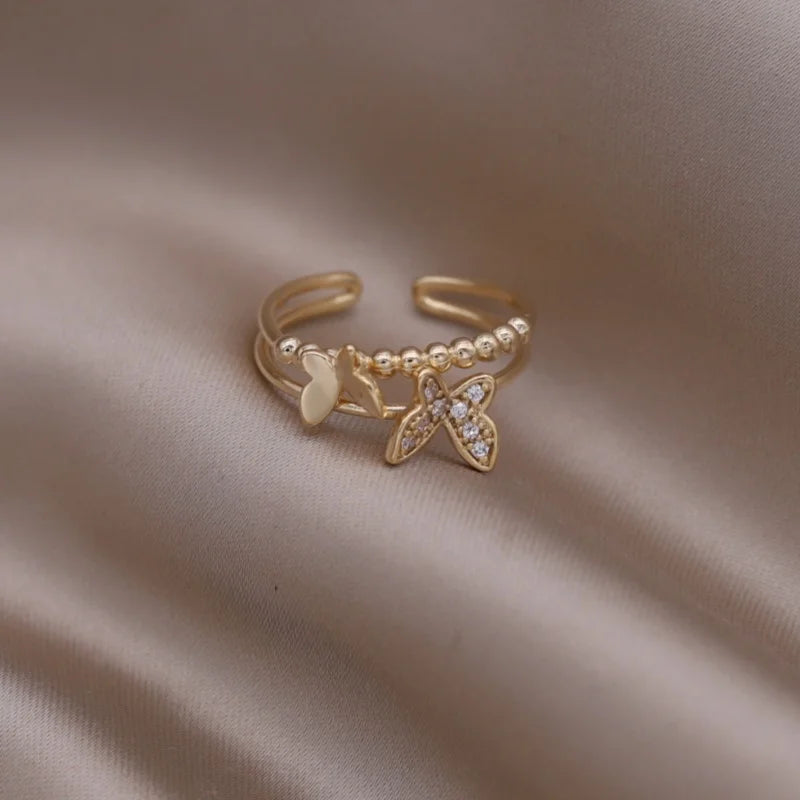 14K Gold Plated Double Love Crystal Ring – Elegant Korean Fashion Jewelry