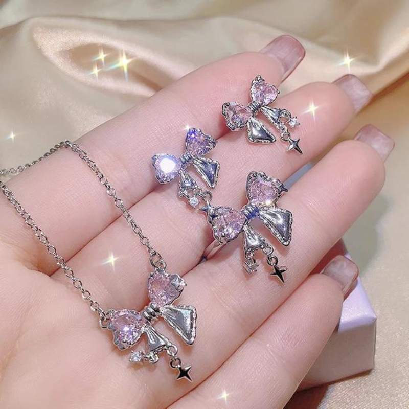 Crystal Angel Wings Heart Pendant Necklaces Set Ladies Girl