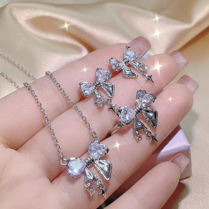 Crystal Angel Wings Heart Pendant Necklaces Set Ladies Girl