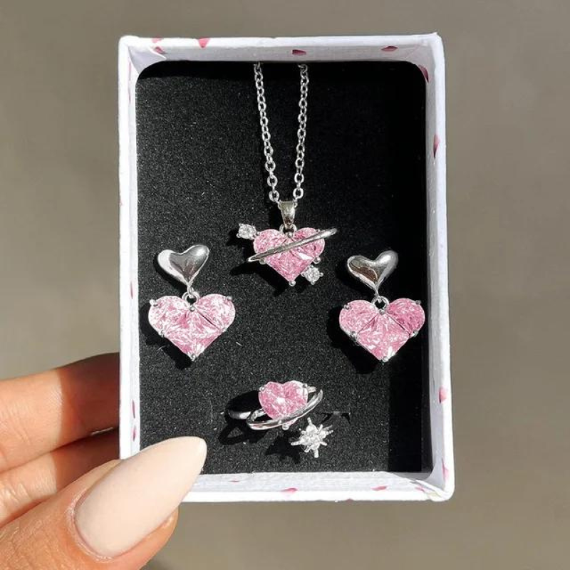 Crystal Angel Wings Heart Pendant Necklaces Set Ladies Girl