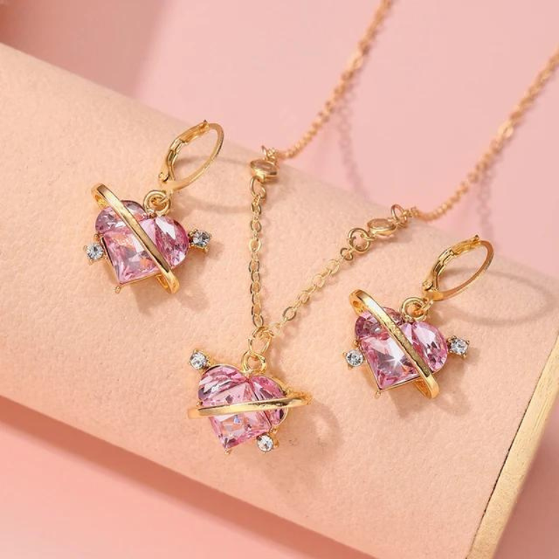 Crystal Angel Wings Heart Pendant Necklaces Set Ladies Girl