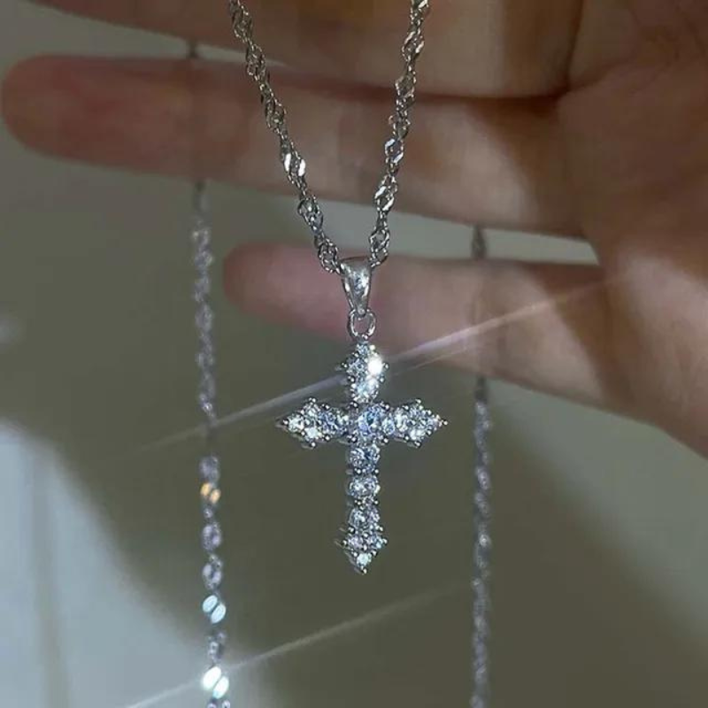 Shiny Crystal Zircon Cross Pendant Necklace for Women