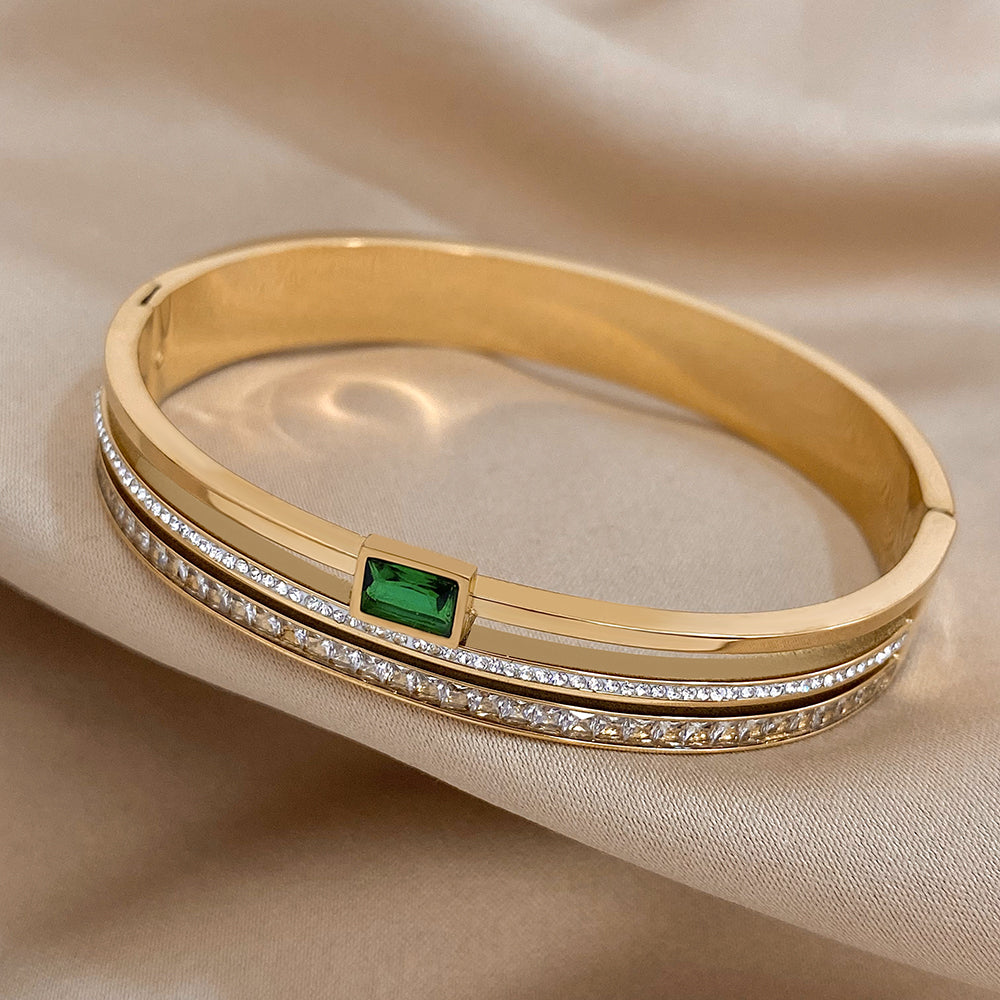 Green White Rhinestone Wide Bangle