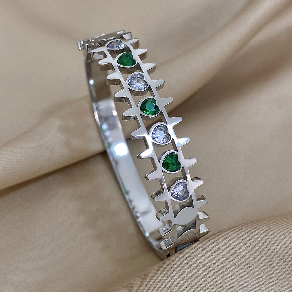 Green White Rhinestone Wide Bangle