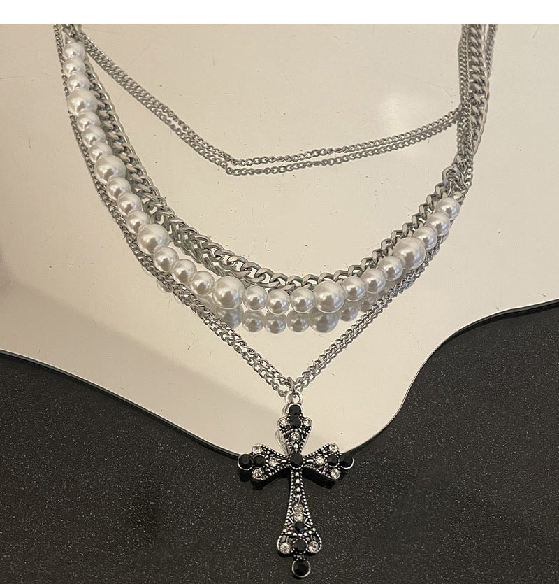 Multi-Layered Pearl Cross Pendant Necklace