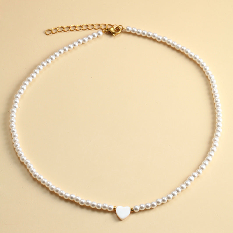 Beaded Pearl Necklace Women Heart