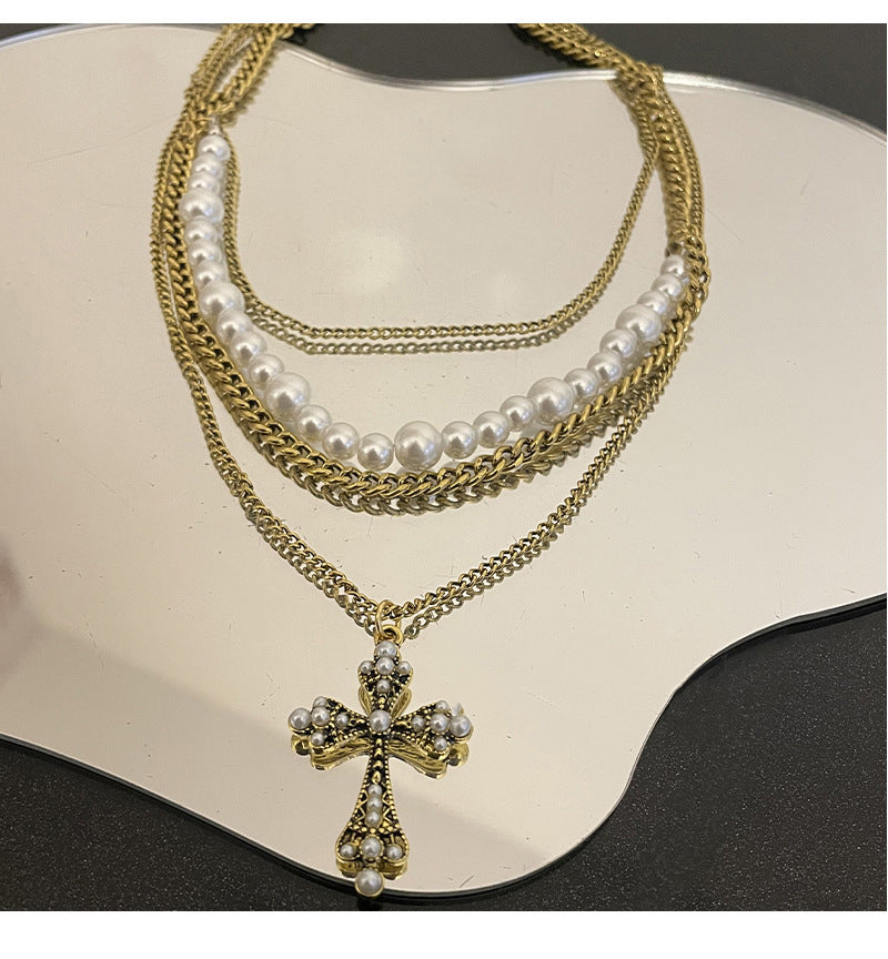 Multi-Layered Pearl Cross Pendant Necklace