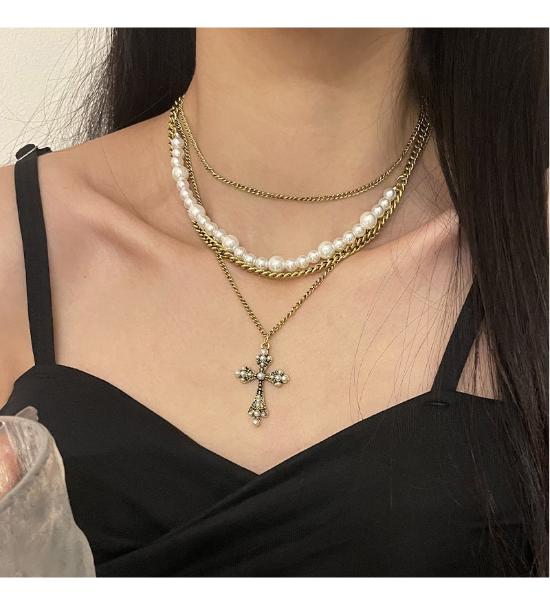 Multi-Layered Pearl Cross Pendant Necklace