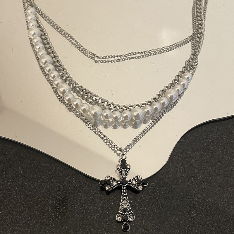 Multi-Layered Pearl Cross Pendant Necklace