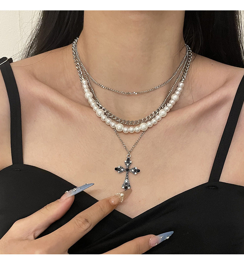 Multi-Layered Pearl Cross Pendant Necklace