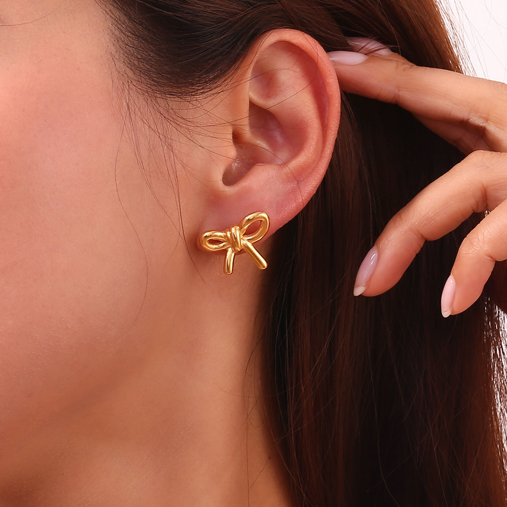 Glossy Gold Bow Stud Earrings