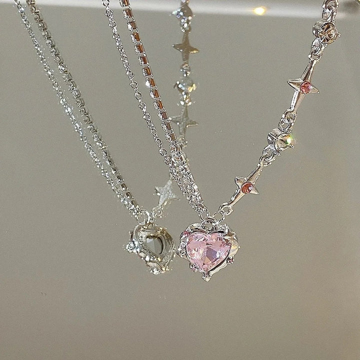 Y2K Pink Heart Zircon Punk Necklace