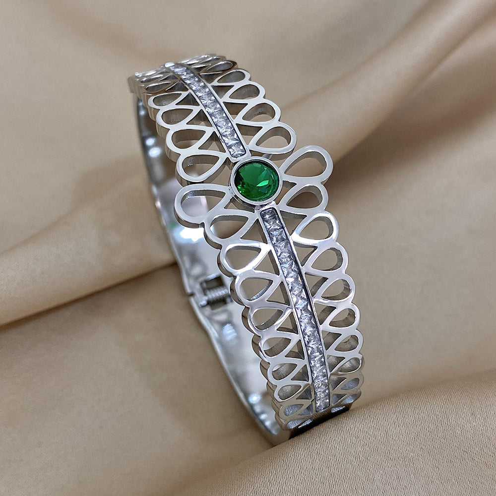 Green White Rhinestone Wide Bangle